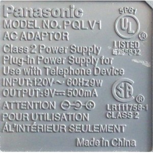 CARGADOR / ADAPTADOR DE FUENTE DE ALIMENTACION PANASONIC / VCA-VCD / NUMERO DE PARTE PQLV1 / E165832 / LR111758-1 / ENTRADA VCA 120V~60HZ 9W / SALIDA VCD 9V 500MA / MODELO PQLV1